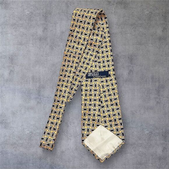 Vintage Polo Ralph Lauren Men's Yellow Silk Geometric Designer Tie - Picture 3 of 4